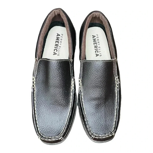 Perry‎ Ellis America Brown Leather Loafers Slip On Men Size 8.5 - Picture 1 of 11